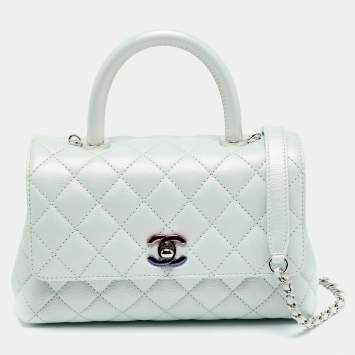 Pre Owned Chanel Blue Iridescent Quilted Caviar Leather Mini Coco Top Handle Bag