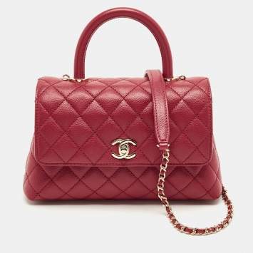 Pre Owned Chanel Red Quilted Caviar Leather Mini Coco Top Handle Bag