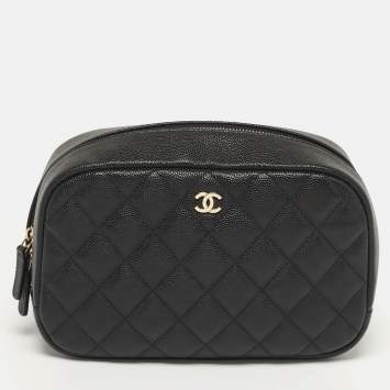 Pre Owned Chanel Medium Black Quilted Caviar Leather Curvy Cosmetic Case