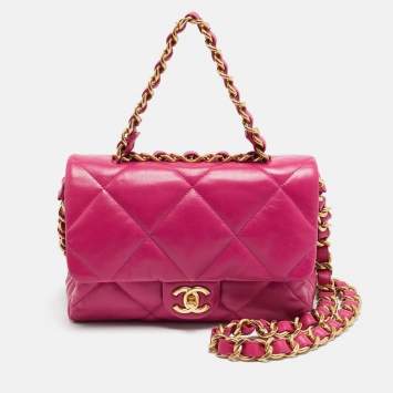 Pre Owned Chanel Small Fuchsia Quilted Leather Chain Top Handle Bag