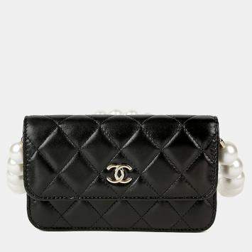 Pre Owned Chanel Pearl Strap Black Leather Wallet On Chain