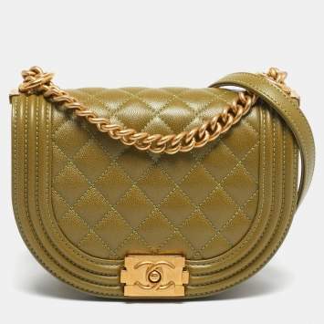 Pre Owned Chanel Boy Small Green Quilted Caviar Leather Messenger Bag