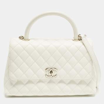 Pre Owned Chanel Coco Handle Medium White Quilted Caviar Leather Top Handle Bag