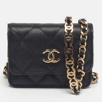 Pre Owned Chanel Classic Micro Black Quilted Caviar Leather CC Flap Bag