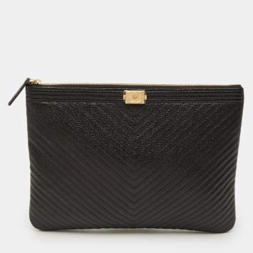 Pre Owned Chanel Boy Medium Black Chevron Caviar Leather Pouch