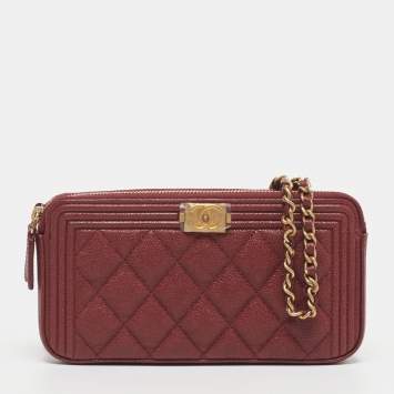 Pre Owned Chanel Boy Burgundy Quilted Caviar Leather Chain Clutch