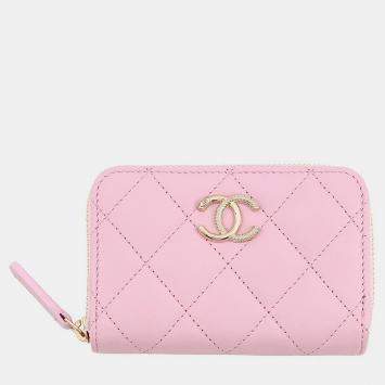 مملوكة مسبقًا محفظة شانيل ماتلاس جلد كافيار زهري بحلية كريستال مع سحاب للقطع النقدية