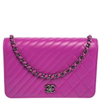 Pre Owned Chanel Purple Quilted Lambskin Leather Coco Boy Wallet on Chain