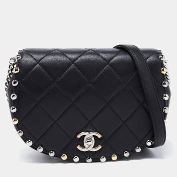 Pre Owned Chanel  Black Leather Embellished Flap Saddle Bag