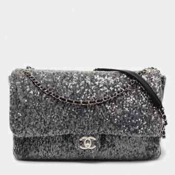 Pre Owned Chanel Grey/Black Sequins Small XXL Travel Flap Bag