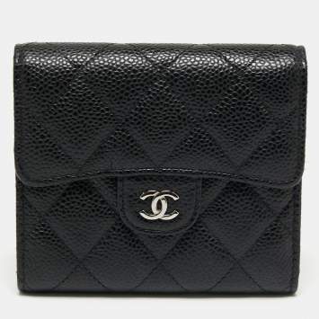 Pre Owned Chanel Black Quilted Caviar Leather Classic Trifold Flap Wallet