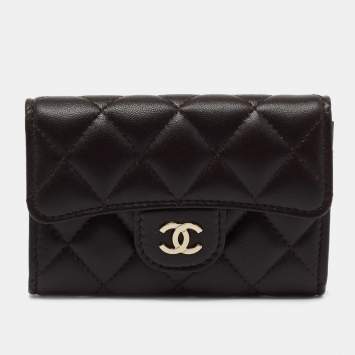 Pre Owned Chanel Dark Brown Quilted Leather CC Classic Flap Card Case