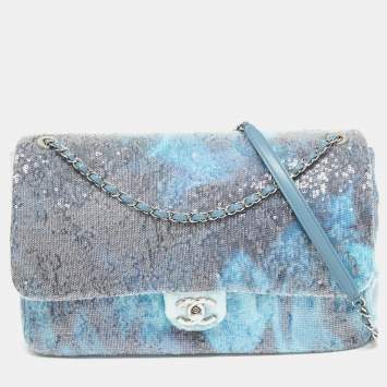 Pre Owned Chanel Blue Sequins Large Waterfall Flap Bag