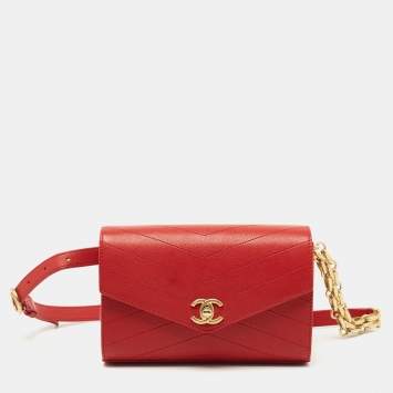 Pre Owned Chanel Red Chevron Leather Coco Waist Belt Bag