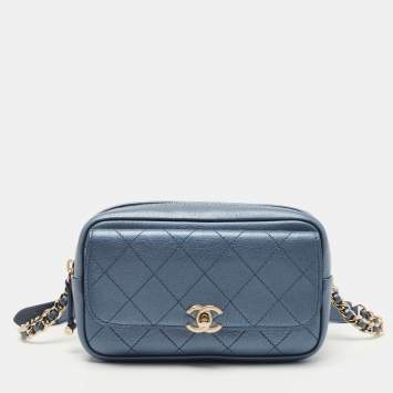 Pre Owned Chanel Metallic Blue Leather Casual Trip Waist Bag