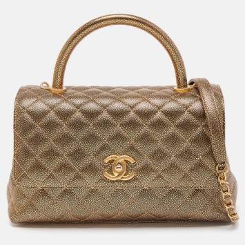 Pre Owned Chanel Gold Quilted Caviar Leather Small Coco Top Handle Bag