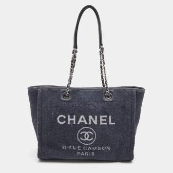 Pre Owned Chanel Navy Blue Tweed Medium Deauville Tote