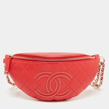Pre Owned Chanel Red Quilted Leather Studded Logo Waist Bag