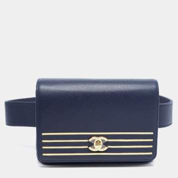 Pre Owned Chanel Navy Blue Caviar Leather Captain Gold Waist Bag
