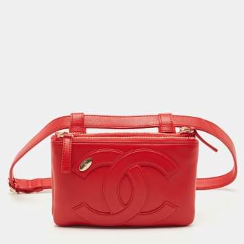 Pre Owned Chanel Red Leather CC Mania Double Zip Waist Belt Bag