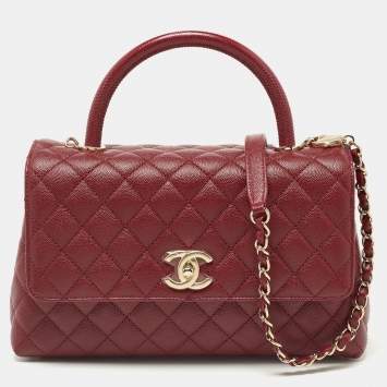 Pre Owned Chanel Red Caviar Leather and Lizard Embossed Leather Medium Coco Top Handle Bag