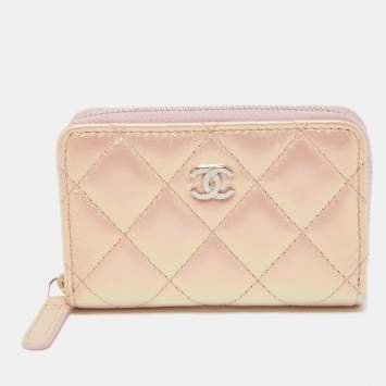 Pre Owned Chanel Pink Quilted Iridescent Leather CC Zip Coin Purse