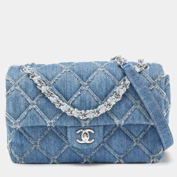 Pre Owned Chanel Blue Distressed Quilted Denim Medium Single Flap Bag