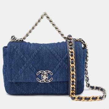 Pre Owned Chanel Blue Quilted Denim Medium 19 Flap Bag