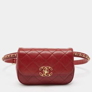 Pre Owned Chanel Dark Red Quilted Leather CC Flap Belt Bag