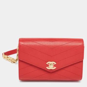 Pre Owned Chanel Red Chevron Leather Coco Waist Belt Bag
