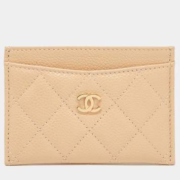 Pre Owned Chanel Beige Quilted Caviar Leather CC Logo Card Holder 