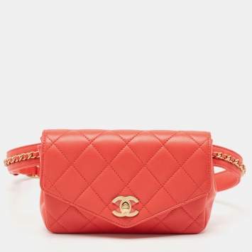 Pre Owned Chanel Red Quilted Leather CC Waist Belt Bag