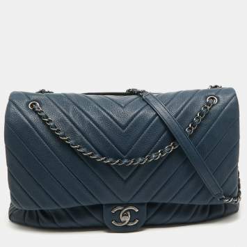 Pre Owned Chanel Blue Chevron Leather XXL Travel Flap Bag 