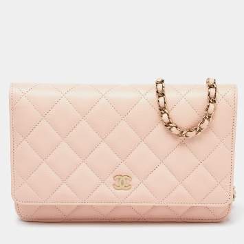 Pre Owned Chanel Peach Quilted Caviar Leather CC Flap Wallet on Chain