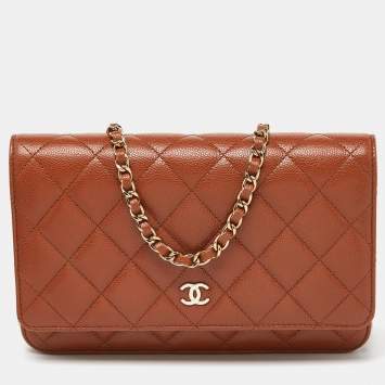 Pre Owned Chanel Brown Quilted Caviar Leather Classic Wallet on Chain
