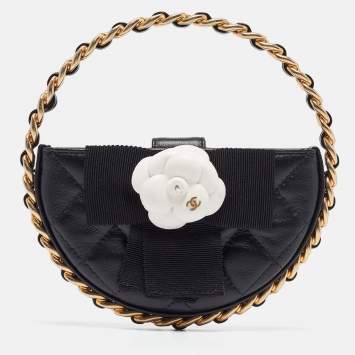 Pre Owned Chanel Black Quilted Leather Mini Round Camellia Clutch