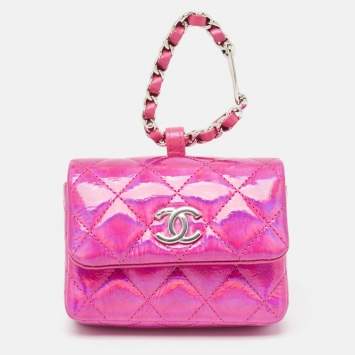 Pre Owned Chanel Pink Iridescent Quilted Patent Leather CC Hook Card Holder