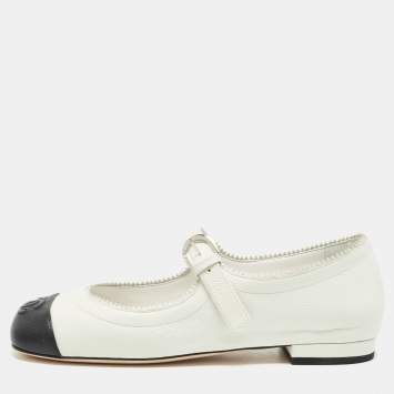 Pre Owned Chanel White/Black Leather CC Mary Jane Flats Size 36