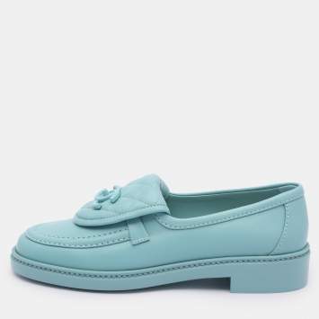 Pre Owned Chanel Blue Quilted Leather CC Turnlock Loafers Size 37.5