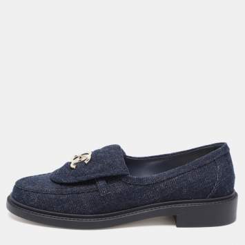 Pre Owned Chanel Navy Blue Denim CC Turnlock Loafers Size 36