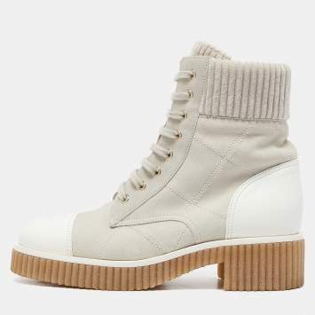 Pre Owned Chanel Grey/White Leather and Suede Combat Boots Size 37.5