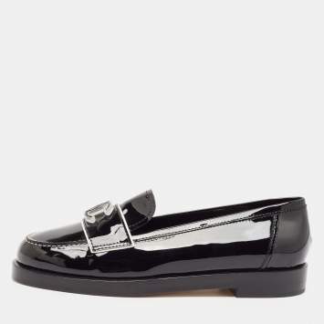 Pre Owned Chanel Black Patent Leather CC Slip On Loafers Size 38.5