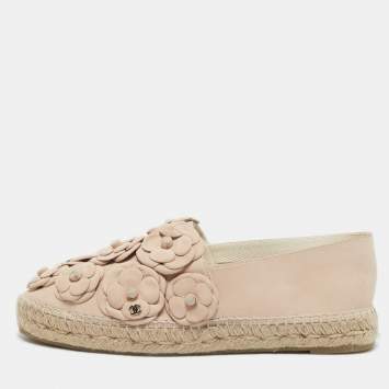 Pre Owned Chanel Light Beige Nubuck Leather CC Camellia Espadrille Flats Size 41