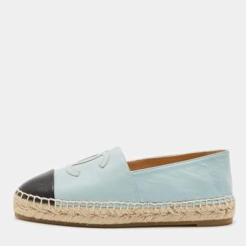Pre Owned Chanel Blue/Black Leather CC Cap Toe Espadrille Flats Size 36