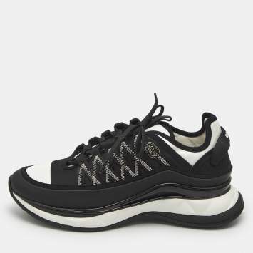 Chanel Black/White Nylon and Leather CC Low Top Sneakers Size 38.5