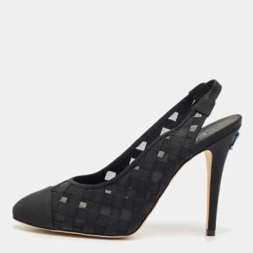 Chanel Black Woven Fabric and Mesh CC Cap Toe Slingback Pumps Size 38.5