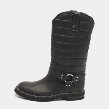 Chanel Black Nylon and Leather CC Logo Star Biker Boots Size 40