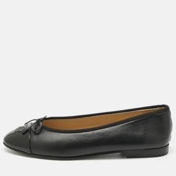 Pre Owned Chanel Black Leather CC Cap Toe Bow Ballet Flats Size 40