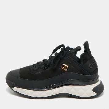 Pre Owned Chanel Black Fabric and Leather CC Low Top Sneakers Size 38