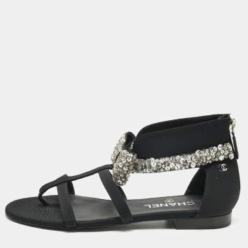 Pre Owned Chanel Black Canvas Crystal Embellished Bow Flat Sandals Size 39.5